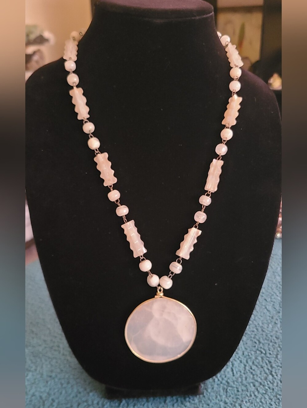 Quartz Bead Necklace with Round Pendant